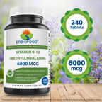 Brieofood Vitamina B-12 (Metilcobalamina) 6000 mcg - 240 Comprimidos, No OGM, Sin Gluten