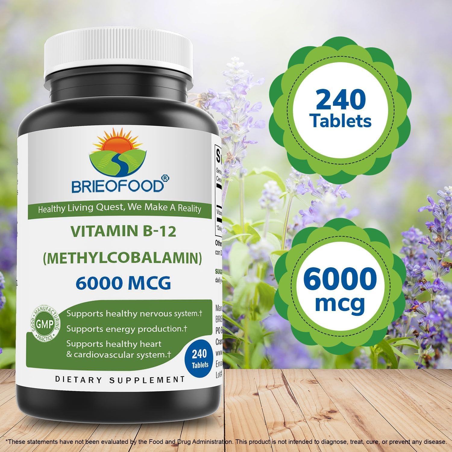 Brieofood Vitamina B-12 (Metilcobalamina) 6000 mcg - 240 Comprimidos, No OGM, Sin Gluten