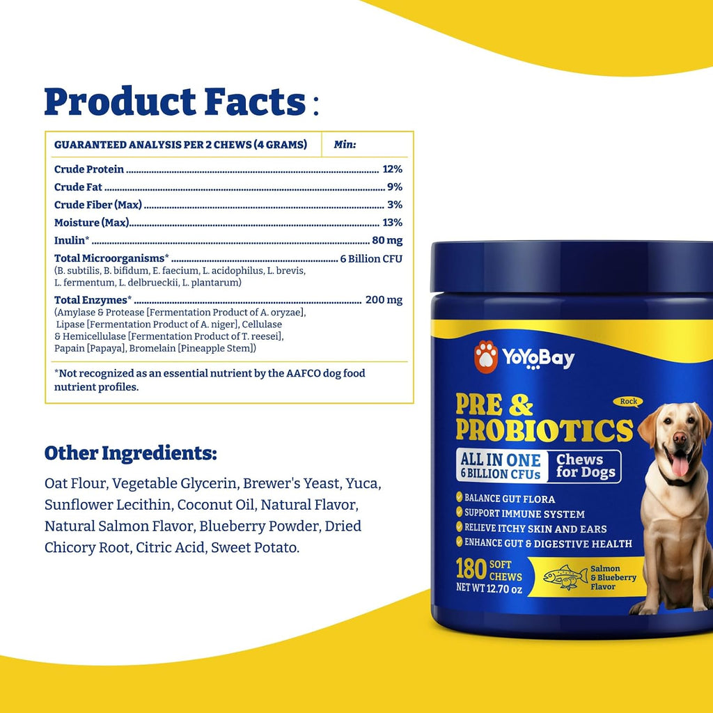 YoYoBay Probióticos para Perros - 180 Chews Blandos Sabor Salmón y Arándano - 6 Mil Millones de UFC con Prebióticos y Enzimas Digestivas