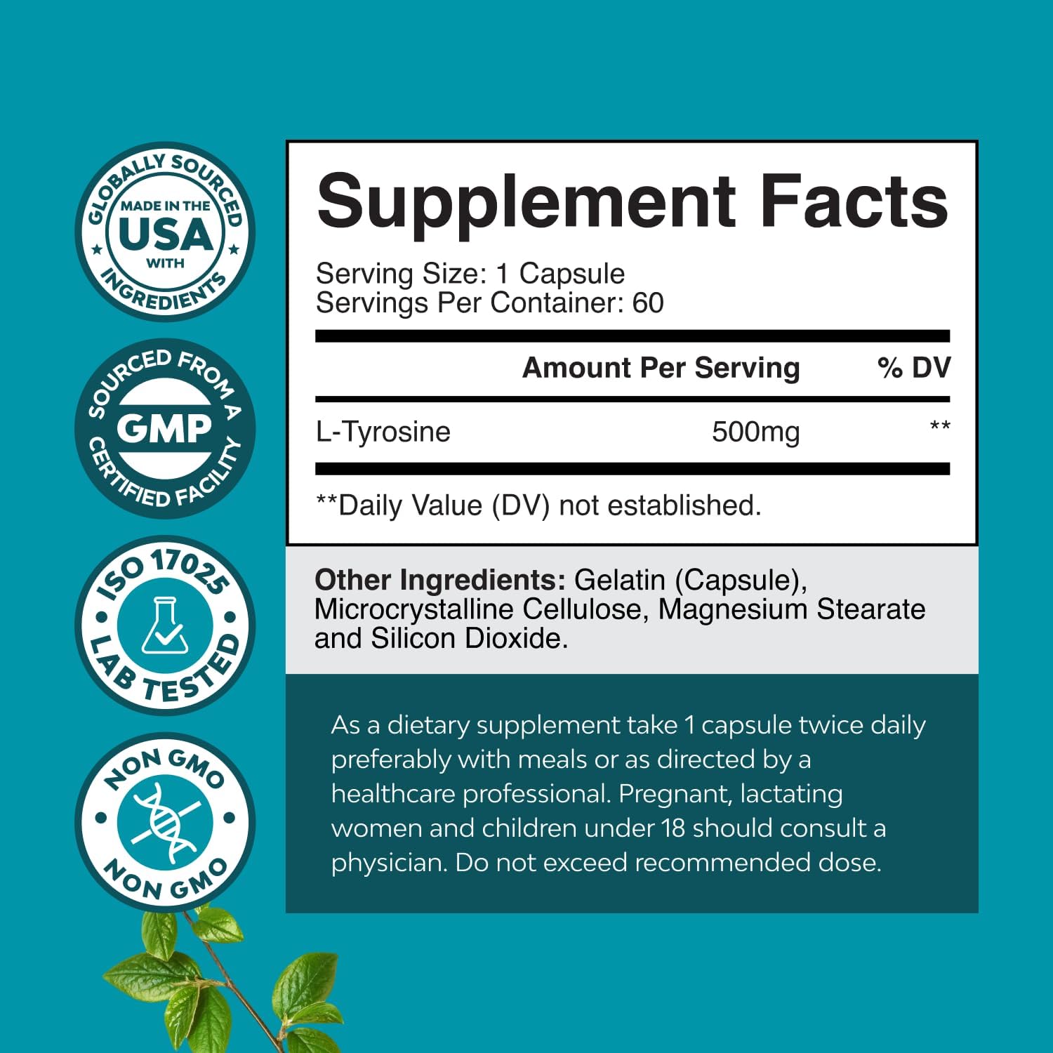 Free Form L-Tirosina 500mg Cápsulas - Suplemento de L-Tirosina de Alta Potencia para el Apoyo de la Energía Mental y el Enfoque - Aminoácido Nootrópico para el Estado de Ánimo, Atención y Cognición - 60 Cápsulas