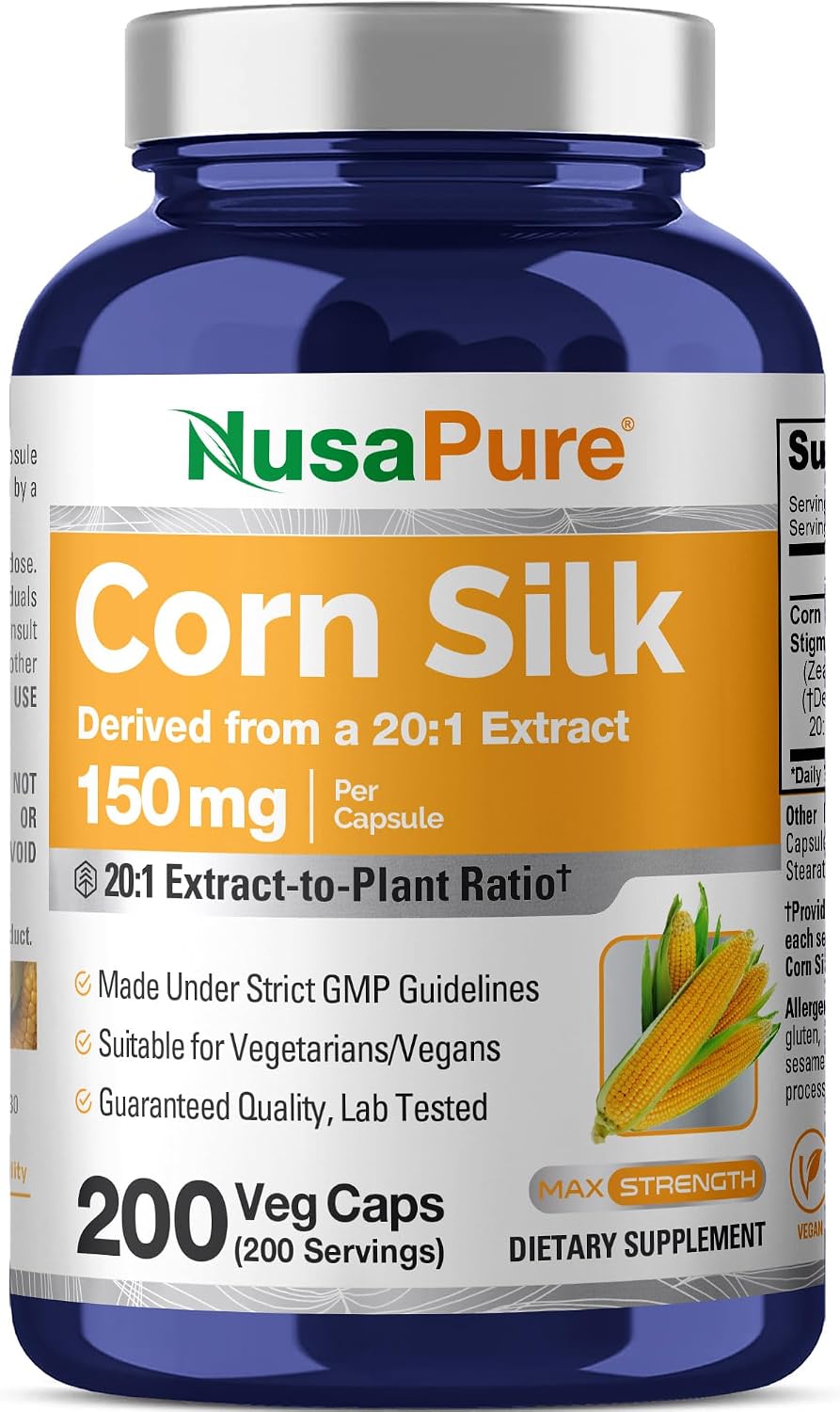 NusaPure Cápsulas de Seda de Maíz, 150 mg, 200 Cápsulas Veganas (No OGM, Vegano)