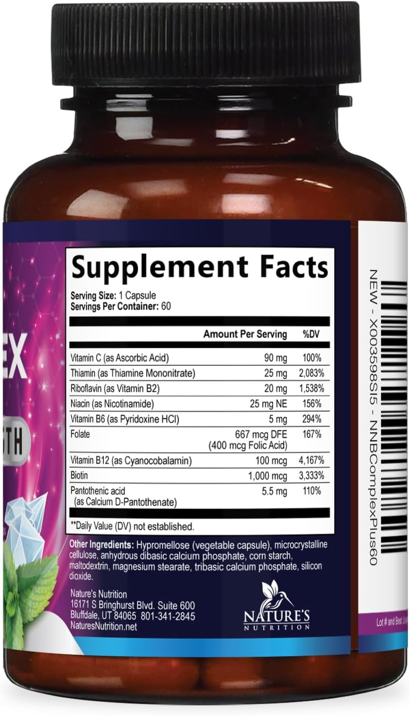 Nature's Nutrition Complejo B-100 Completo - Cápsulas con Vitaminas B12, B6, C, Biotina y Folato - 60 Cápsulas
