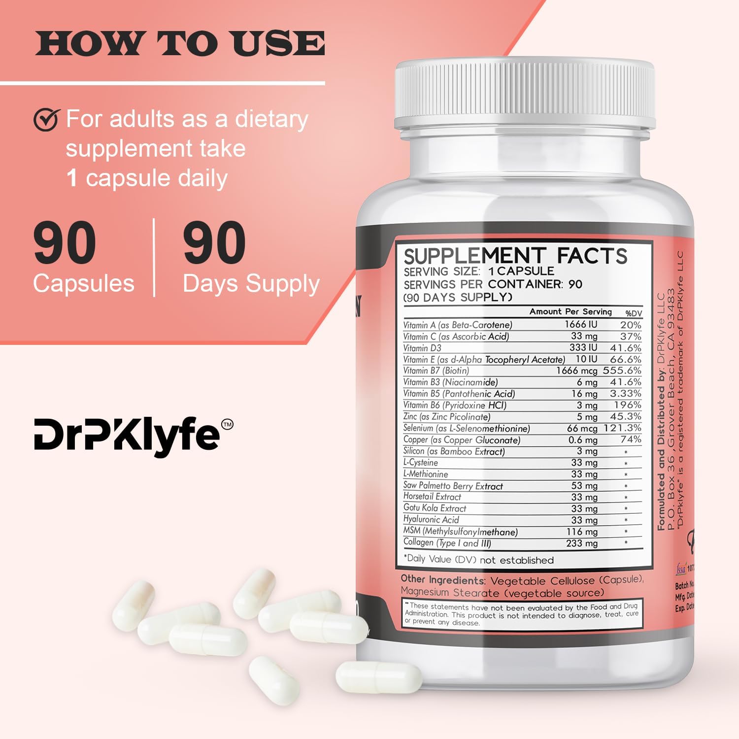 DrPKLyfe Complemento para Cabello, Uñas y Piel - 90 Cápsulas
