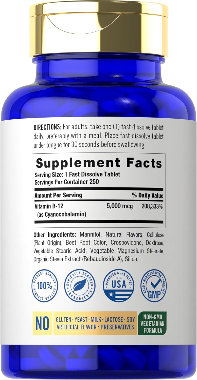 Carlyle Vitamina B12 5000 mcg Sublingual - 250 Comprimidos de Disolución Rápida, Sabor Natural a Bayas, Vegano y Sin Gluten