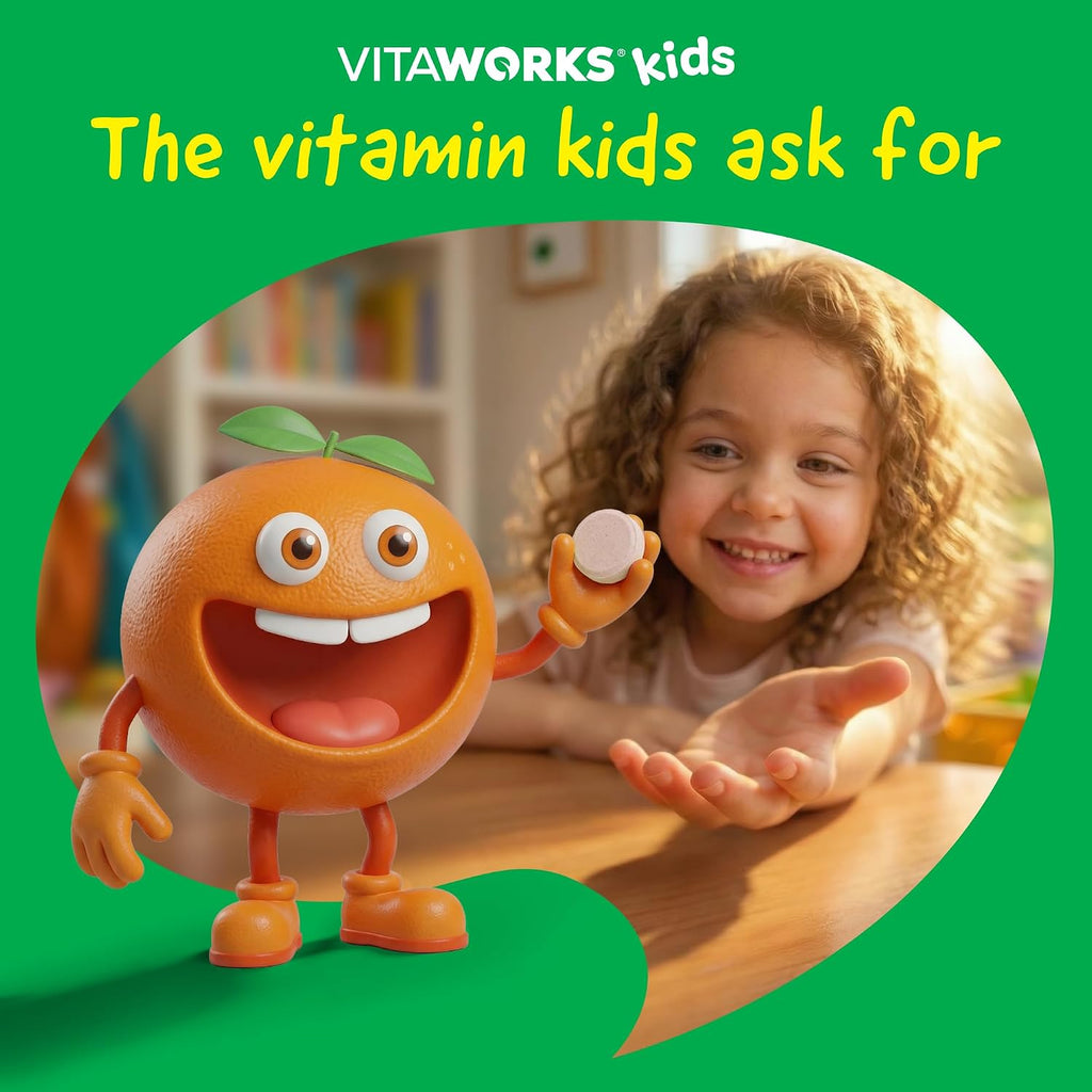 VitaWorks Vitamina D3 1000 IU Niños - Comprimidos Masticables Sabor Naranja Natural - Vegano, Sin Gluten, Sin OMG - 120 Unidades