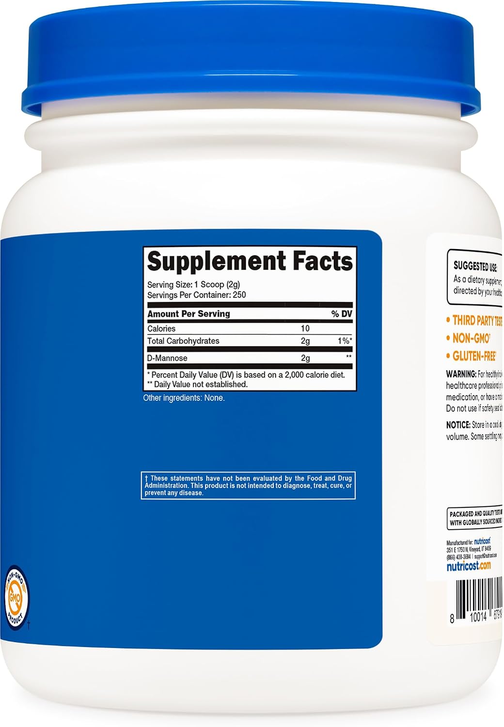 Nutricost D-Mannose en Polvo 500 Gramos (250 Dosis) - Vegano, No-GMO y Sin Gluten