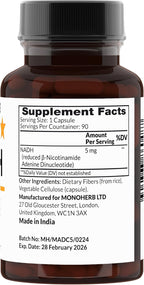 MONOHERB NADH 5 mg 90 Cápsulas Vegetarianas - Suplemento de Nicotinamida Adenina Dinucleótido Reducido