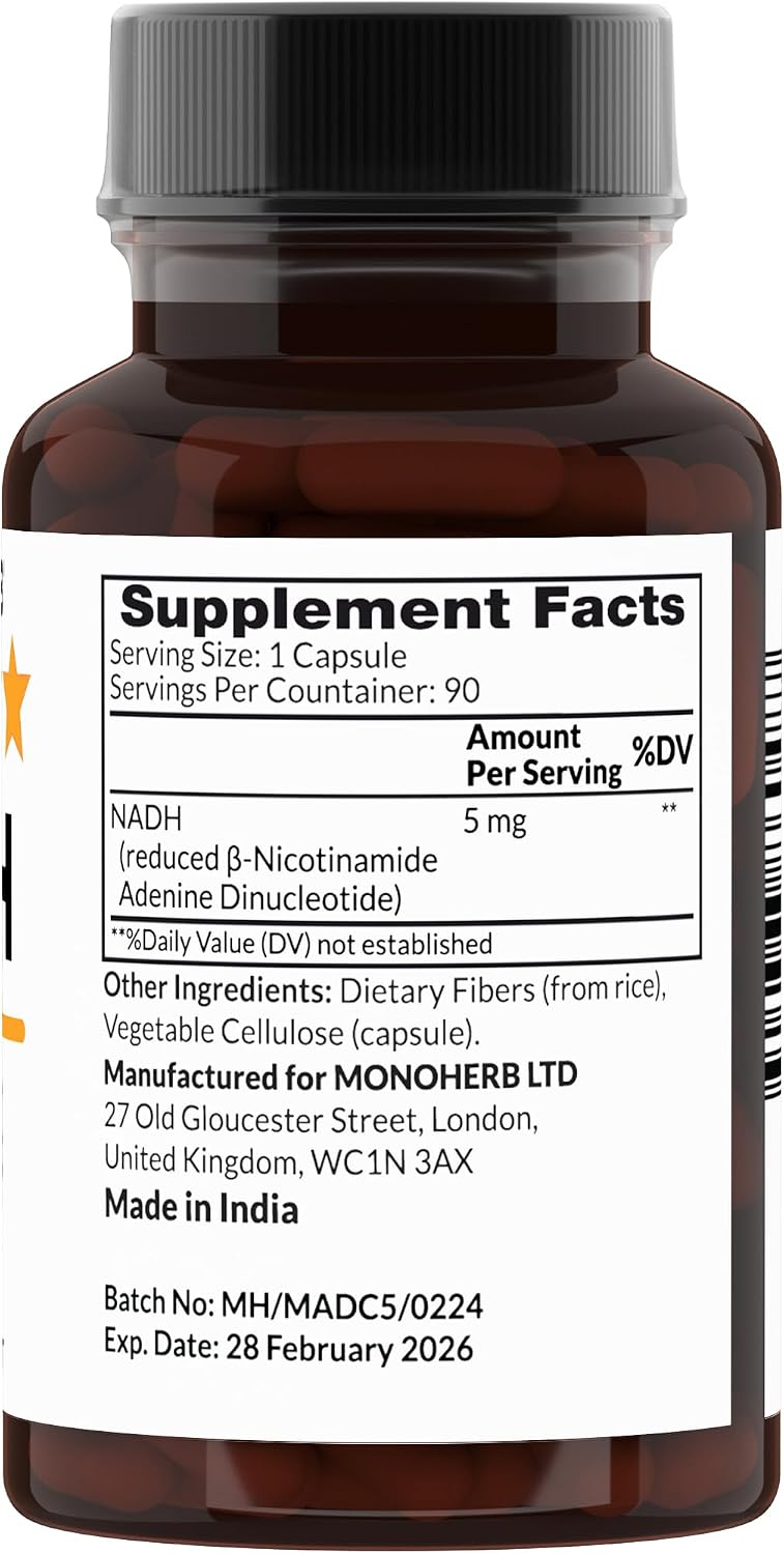 MONOHERB NADH 5 mg 90 Cápsulas Vegetarianas - Suplemento de Nicotinamida Adenina Dinucleótido Reducido
