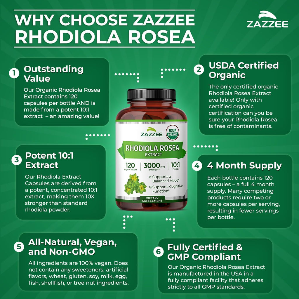 Zazzee Rhodiola Rosea Orgánica Extracto 10:1 – 120 Cápsulas (4 Meses)