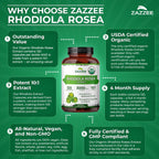 Zazzee Rhodiola Rosea Orgánica Extracto 10:1 – 120 Cápsulas (4 Meses)