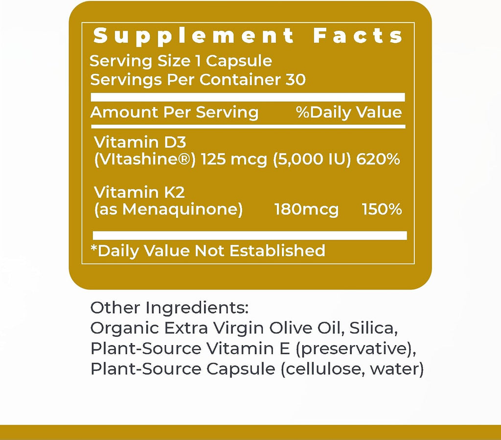 Premier Research Labs Vitamina D3 + K2 - 5000 UI, 180 mcg, 30 Cápsulas Vegetales, Sin Gluten