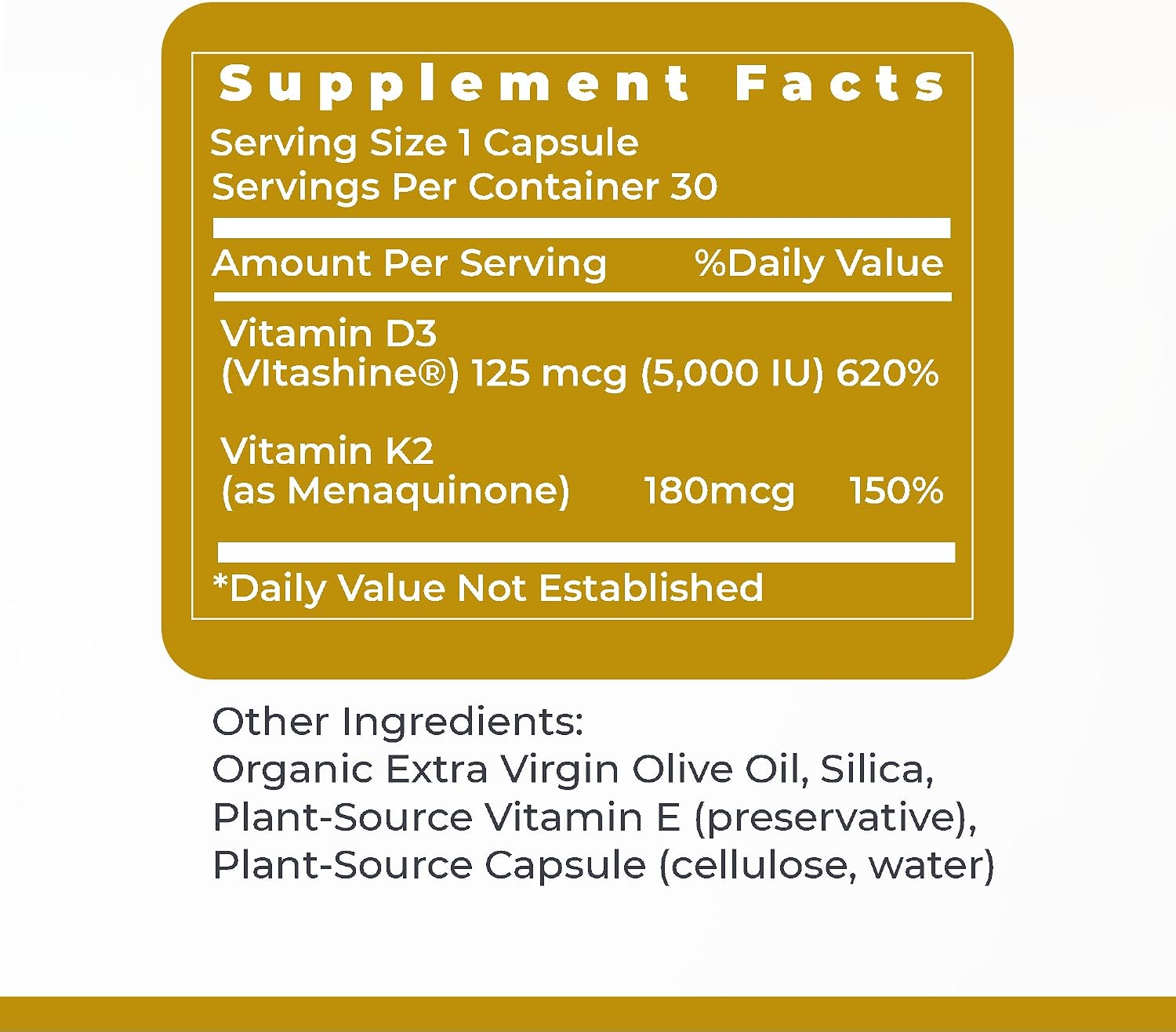 Premier Research Labs Vitamina D3 + K2 - 5000 UI, 180 mcg, 30 Cápsulas Vegetales, Sin Gluten
