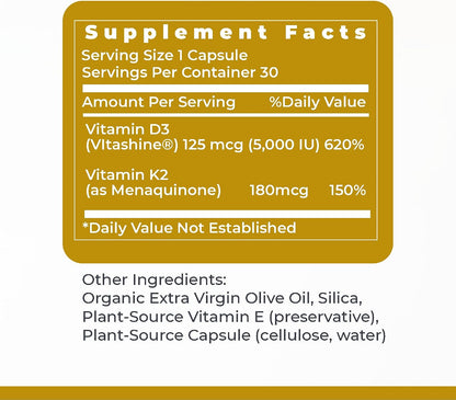 Premier Research Labs Vitamina D3 + K2 - 5000 UI, 180 mcg, 30 Cápsulas Vegetales, Sin Gluten – Image 5