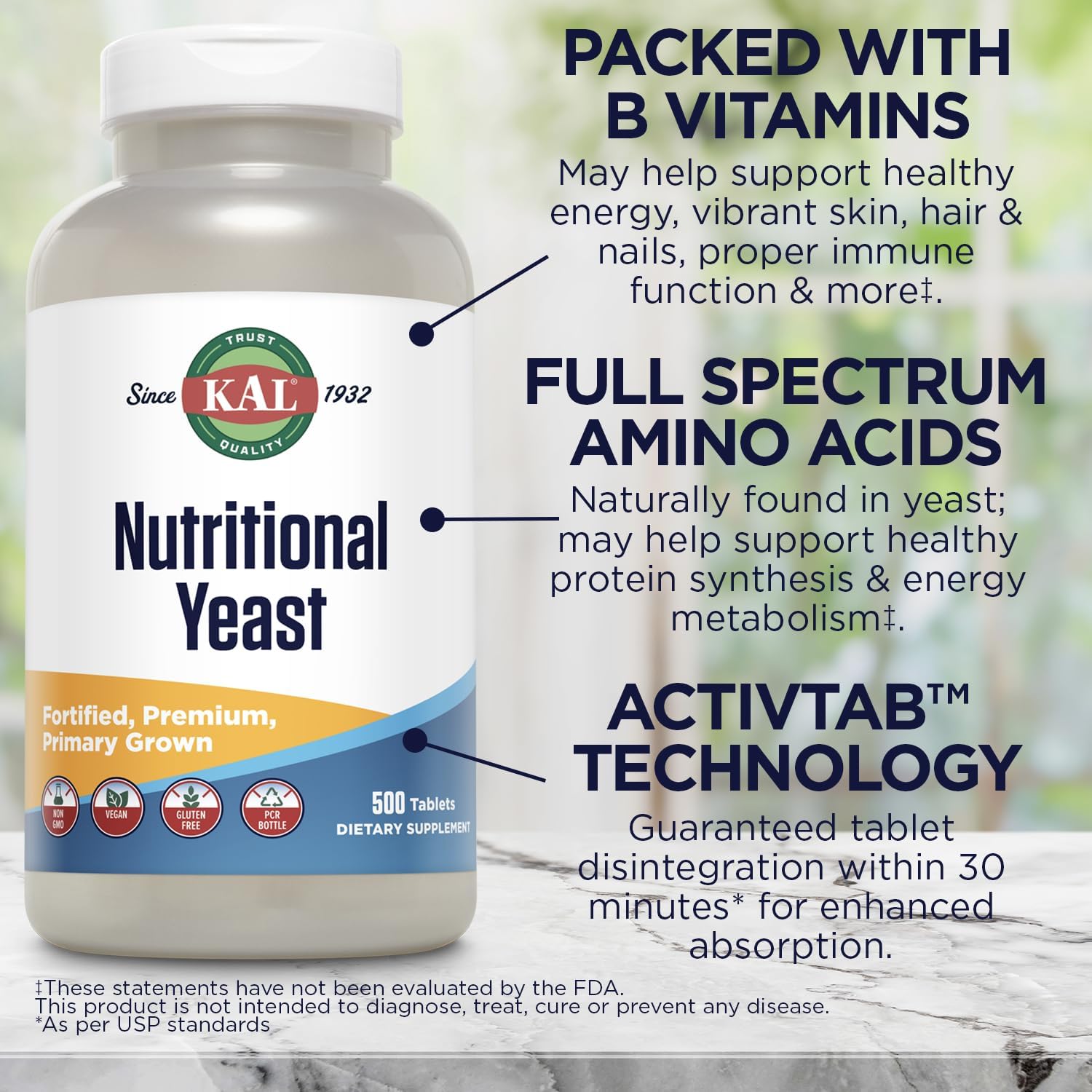 KAL Levadura Nutricional, Enriquecida con Vitaminas B, Biotina, Ácido Fólico, Aminoácidos, 500 Comprimidos