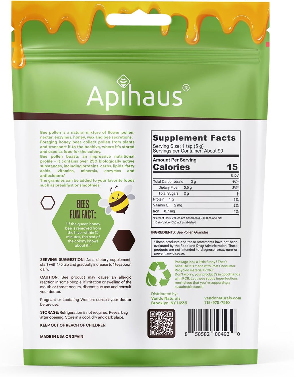 Gránulos de Polen de Abeja - 100% Puro - 453 g - Sin Gluten