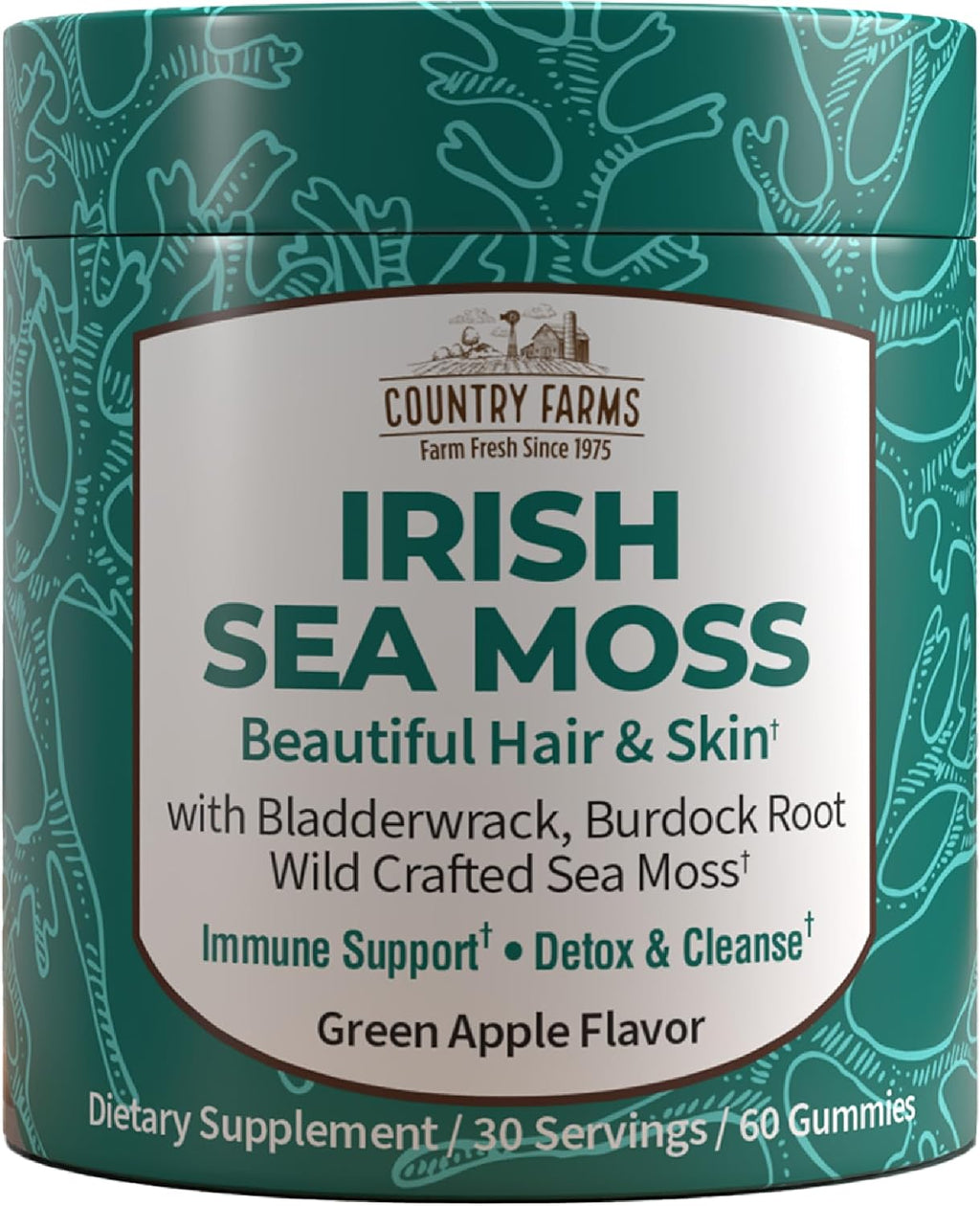 Country Farms Irish Sea Moss Gummies - 2000mg con Bardana y Fucus - Vegano y Sin Gluten - Sabor Manzana Verde