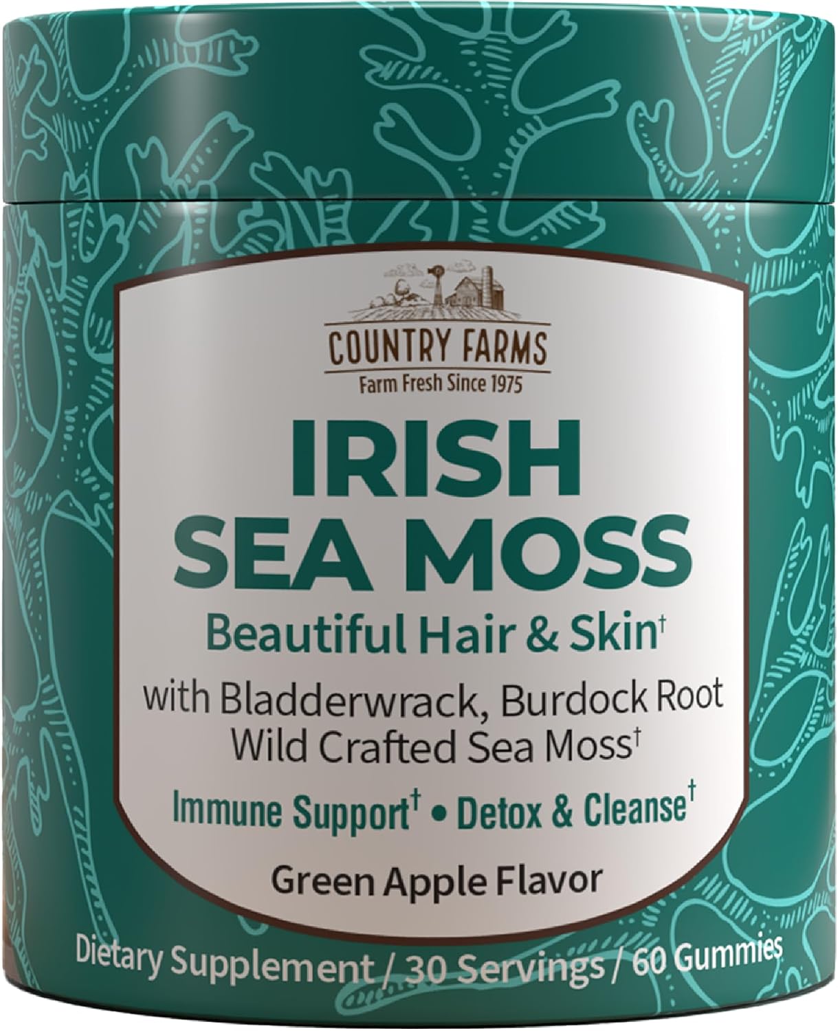 Country Farms Irish Sea Moss Gummies - 2000mg con Bardana y Fucus - Vegano y Sin Gluten - Sabor Manzana Verde