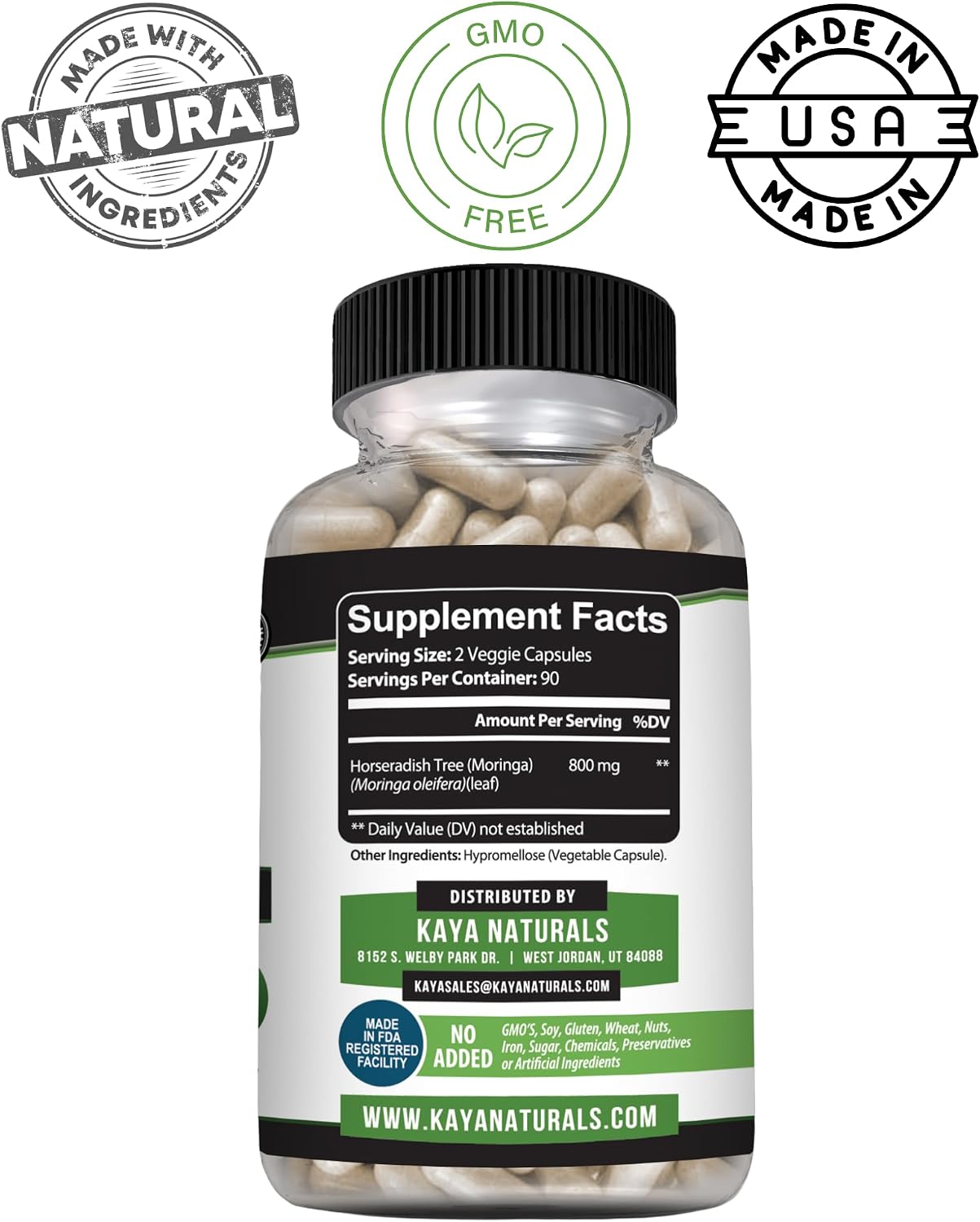 Kaya Naturals Extracto de Hoja de Moringa - Superfood Verde Completo - 180 Cápsulas Vegetales