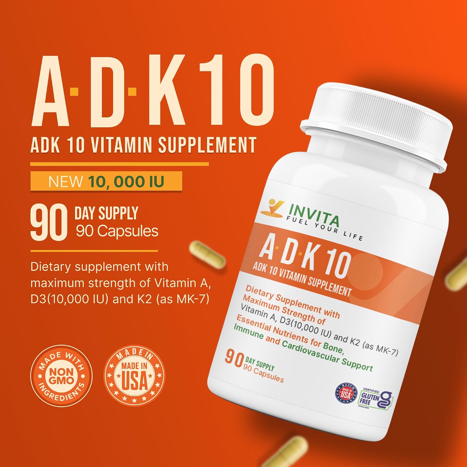 INVITA ADK 10 – Suplemento de Vitaminas A, D3 10,000 UI y K2-MK7 – 90 Cápsulas