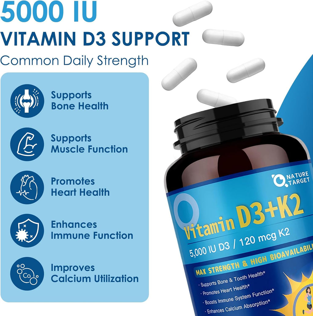 Complejo de Vitamina D3 K2 con Calcio y Magnesio - 6 en 1 - 5000 UI D3, 120 mcg K2 - 120 Cápsulas