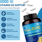 Complejo de Vitamina D3 K2 con Calcio y Magnesio - 6 en 1 - 5000 UI D3, 120 mcg K2 - 120 Cápsulas