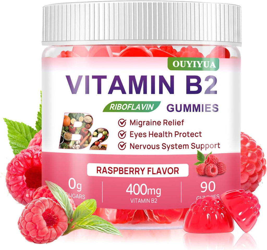 Gominolas de Vitamina B2 (Riboflavina) 400mg con Magnesio - 90 unidades - Vegano, Sin Azúcar - Sabor Frambuesa