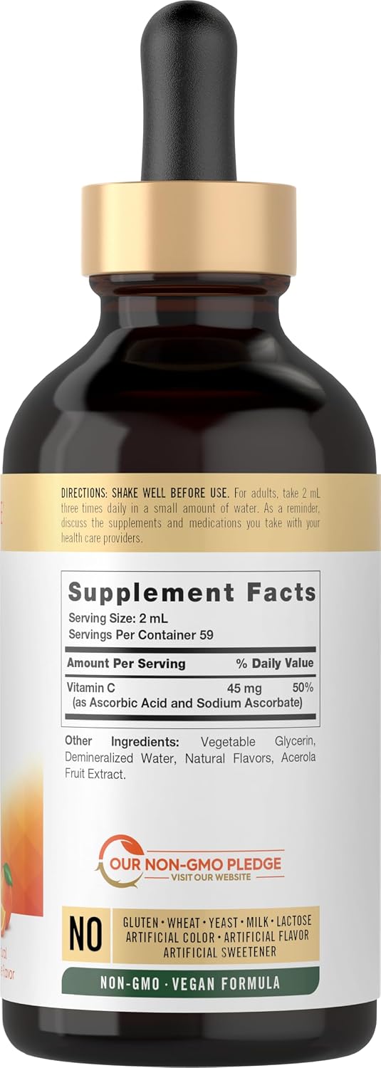Carlyle Vitamina C Gotas Líquidas | 118 ml | Ácido Ascórbico y Ascorbato Sódico | Sabor Naranja | Vegano, Sin Gluten, Sin OMG