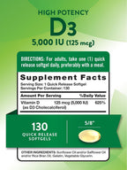 Nature's Truth Vitamina D3 5000 IU Cápsulas Blandas | 130 Unidades | Alta Potencia | Sin Gluten y Sin OGM