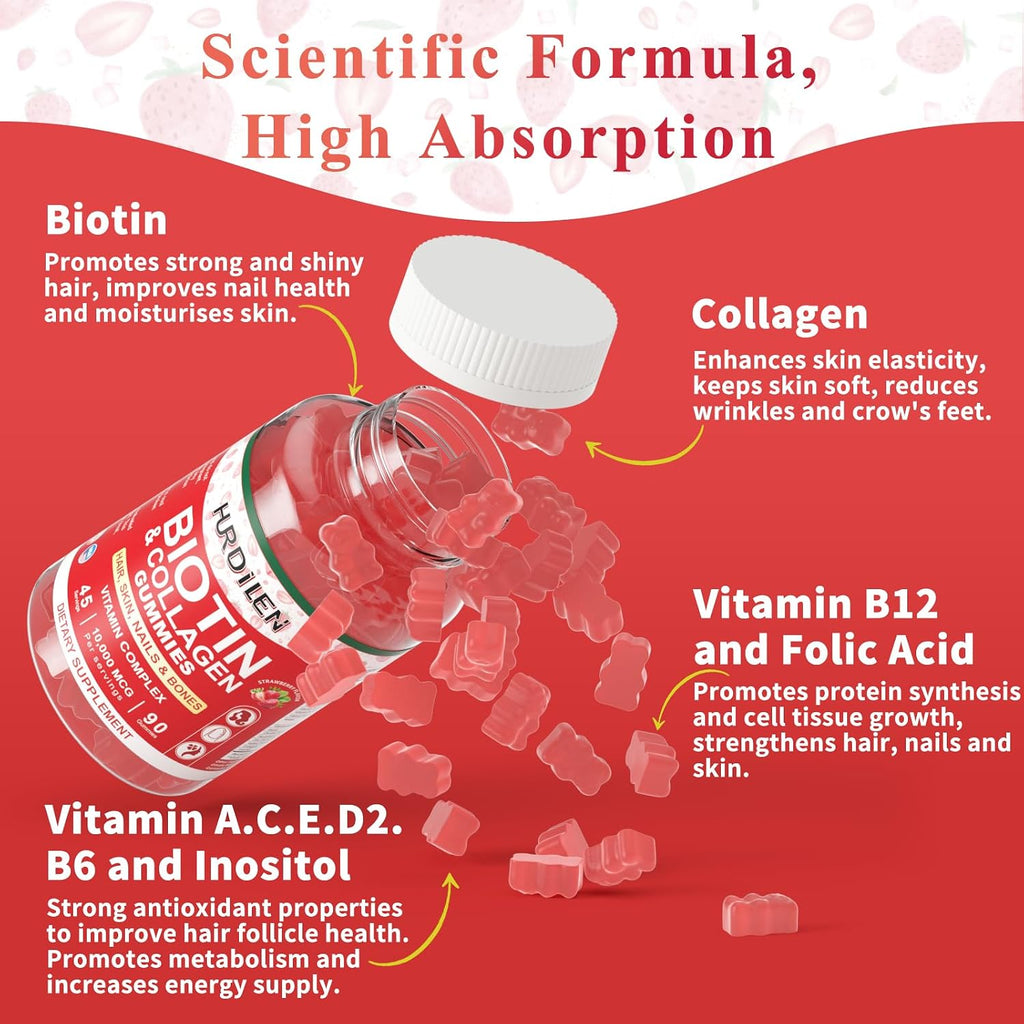 Hurdilen Biotina Colágeno Gummies 10000mcg - 90 Gominolas para Cabello, Piel y Uñas
