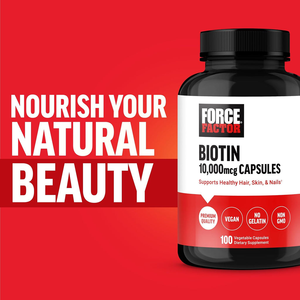Force Factor Biotin 10000mcg - Suplemento de Biotina Vegano - 100 Cápsulas Vegetales