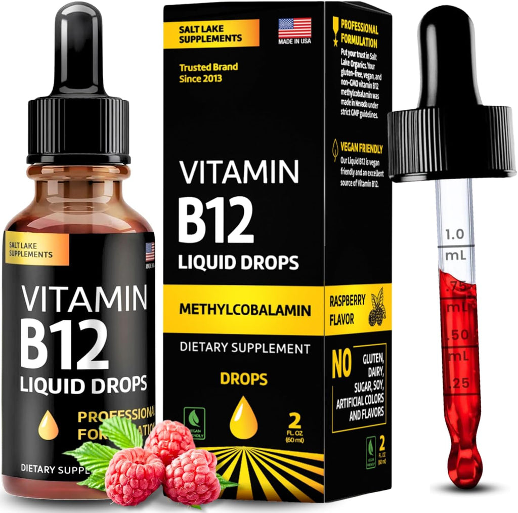 Gotas Líquidas de Vitamina B12 - 5000 mcg Metilcobalamina, Complejo B (B2, B3, B6), Vegano, Sin Gluten, Sabor Frambuesa, 2 fl oz (59 ml)