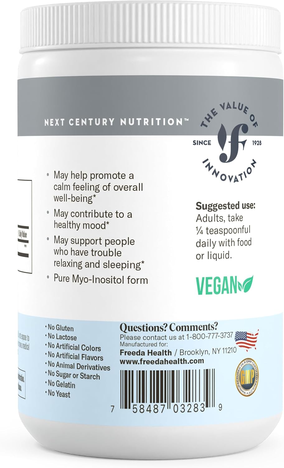 FREEDA Pure Myo-Inositol Powder – Vitamina B8, 900 mg por dosis, Vegano, Sin Gluten (454 g)