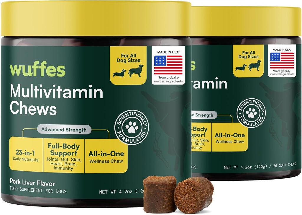 Wuffes 23-in-1 Multivitamínico para Perros en Golosinas Masticables – Apoyo para Piel y Pelaje, Inmunidad y Salud Digestiva – con Omega-3, Hierro y Zinc – 60 unidades
