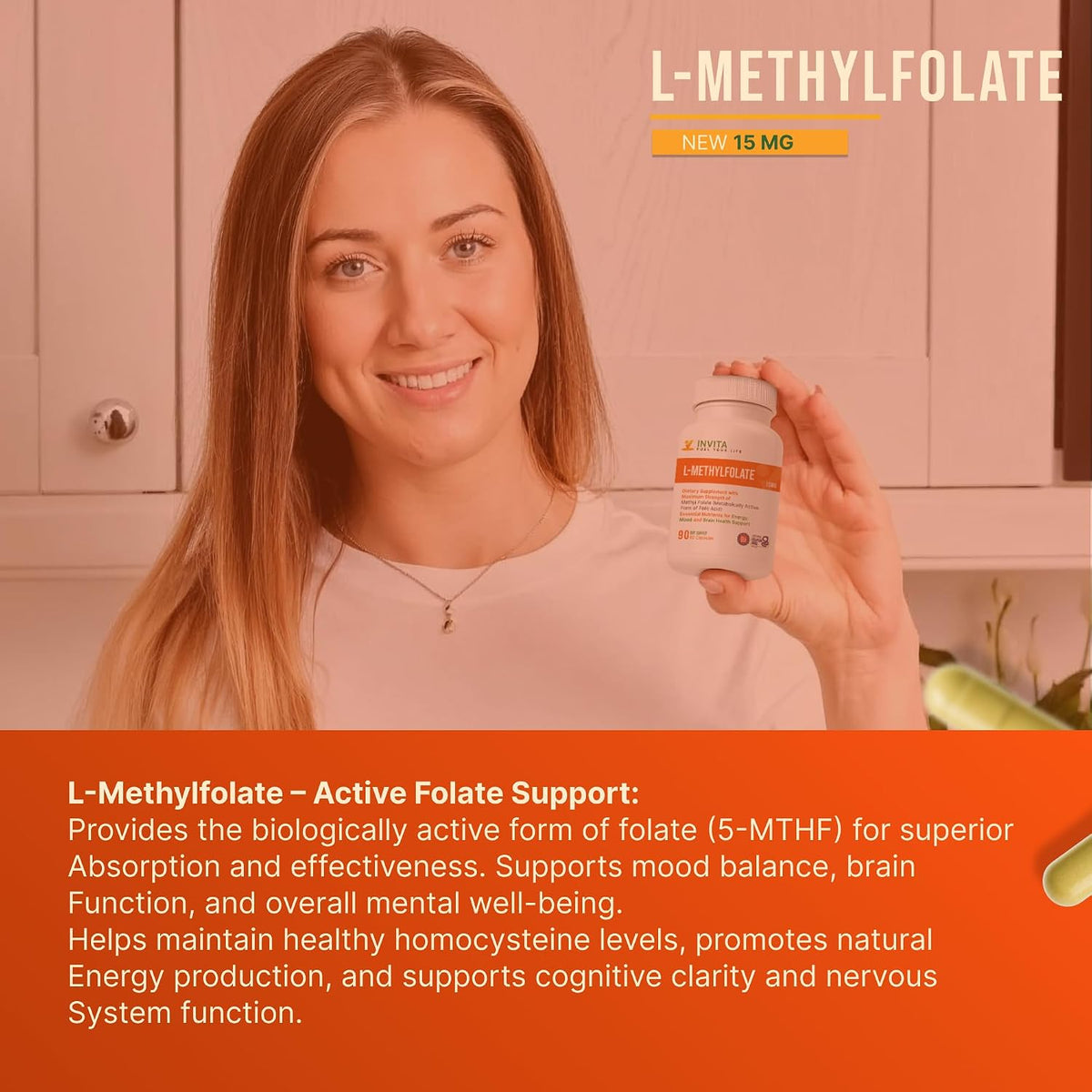INVITA L-Methylfolate 15mg – Metilfolato – Contribuye a la reducción del cansancio y la fatiga. Al participar en – Image 4