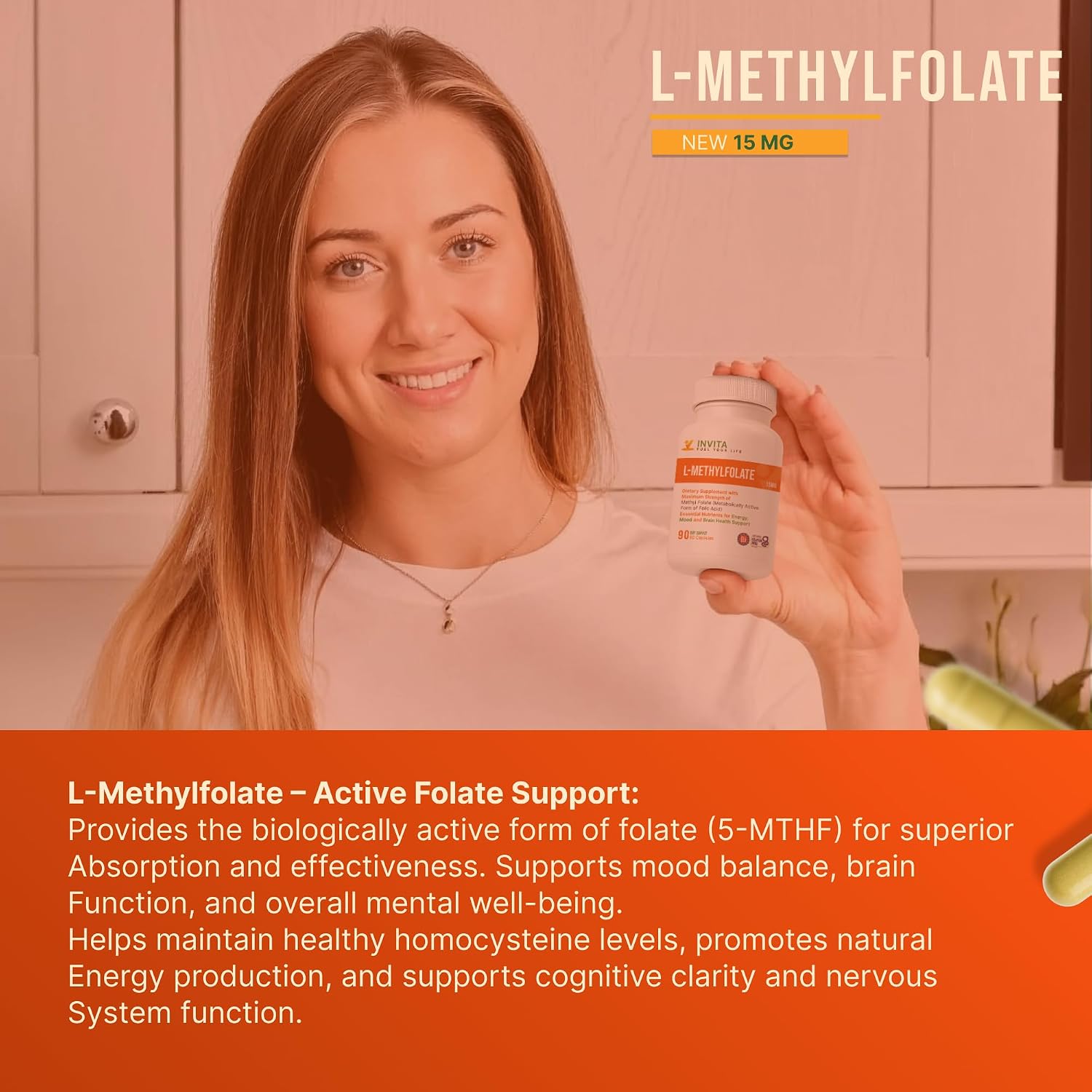 INVITA L-Methylfolate 15mg – Metilfolato Activo 5-MTHF – 90 Cápsulas