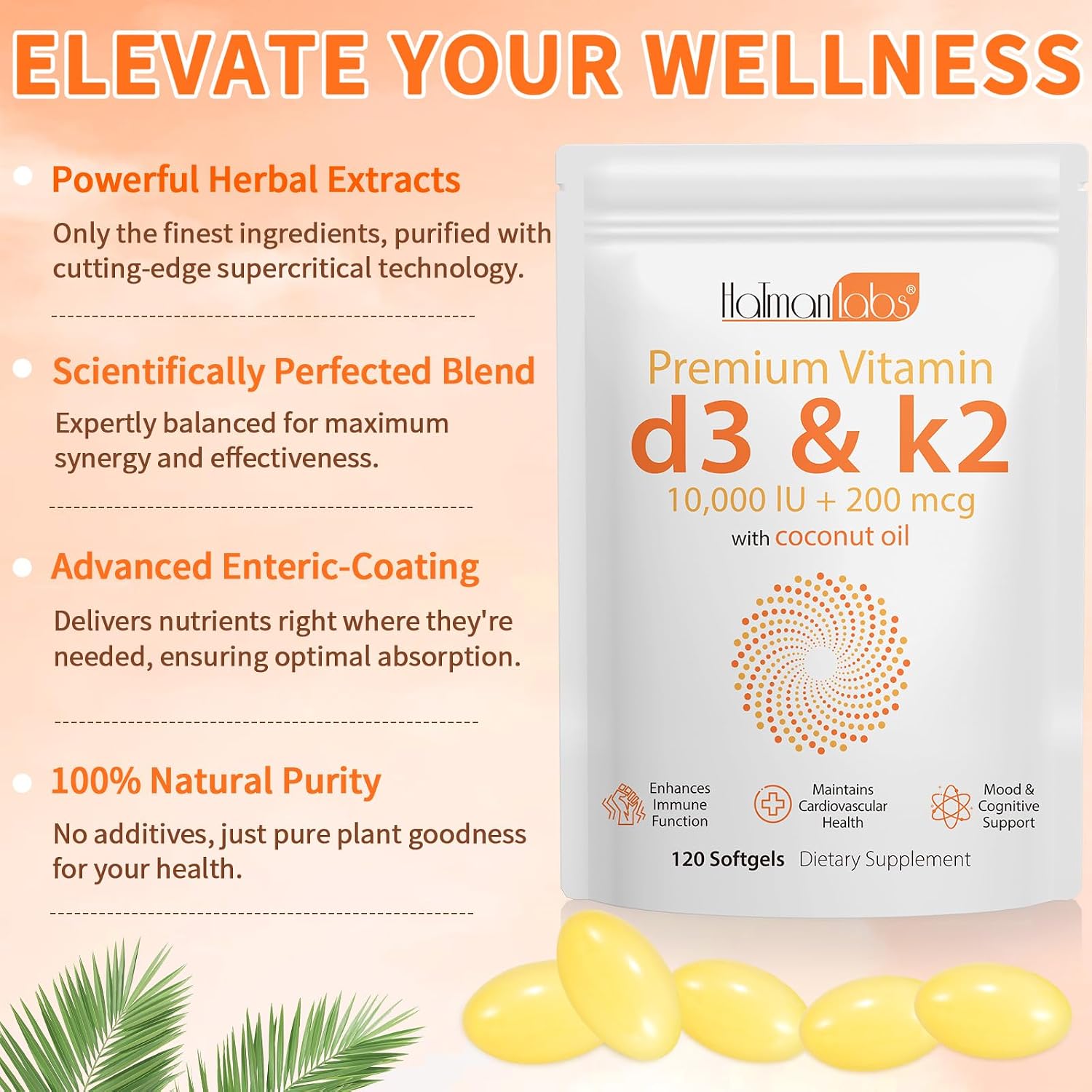 newseel Vitamina D3 y K2 con Aceite de Coco - 120 Cápsulas Blandas