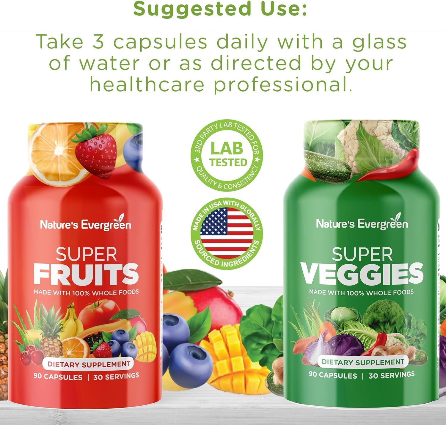 Nature's Evergreen Fruits and Veggies Supplement – 180 Cápsulas (Envase de 2)
