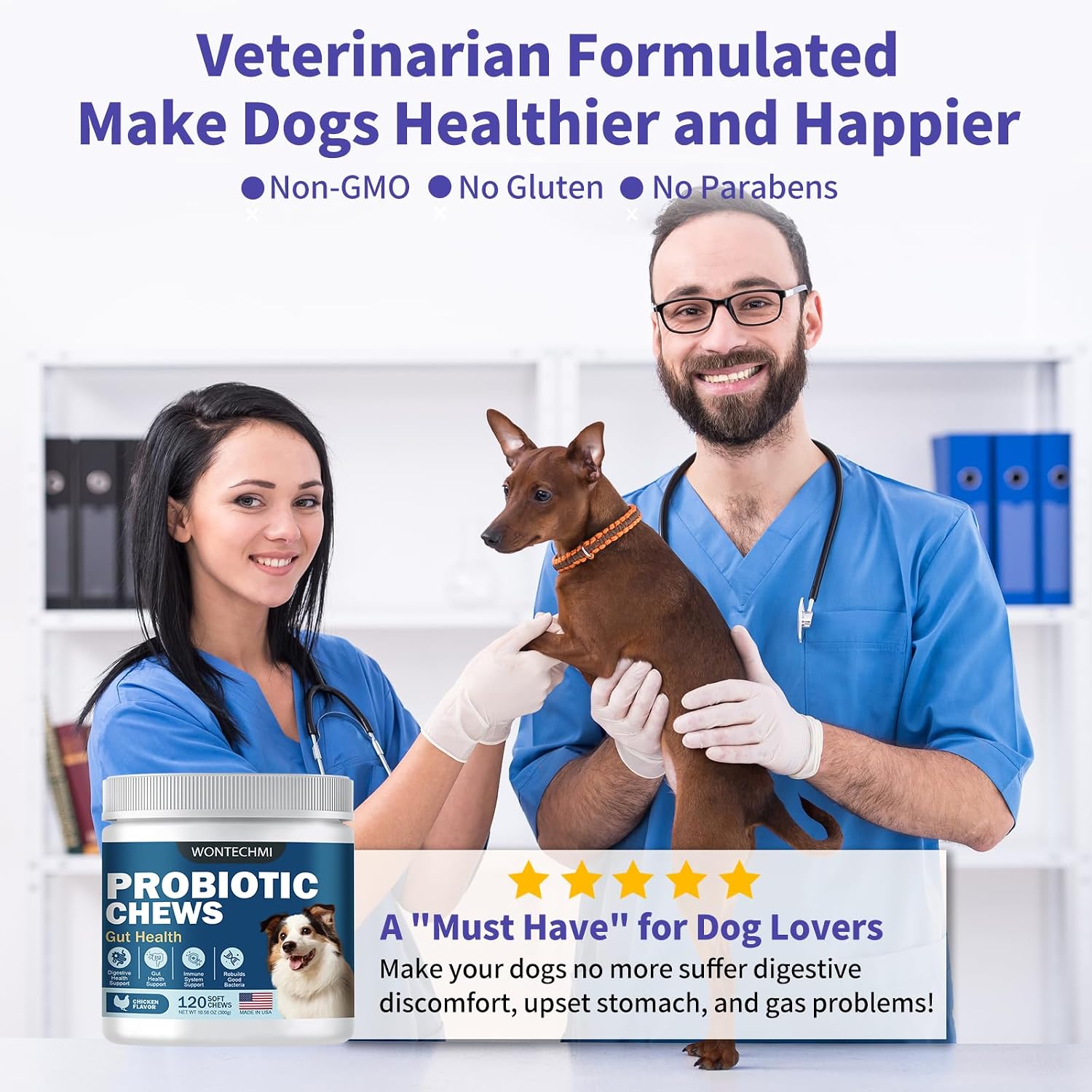 Probióticos para Perros - Salud Digestiva, Piel e Inmunidad - Masticables de Pollo (120 chews)