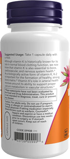 Vitamina K-2 100 mcg (Menaquinona-4 MK-4) – NOW Foods, 100 Cápsulas Veganas