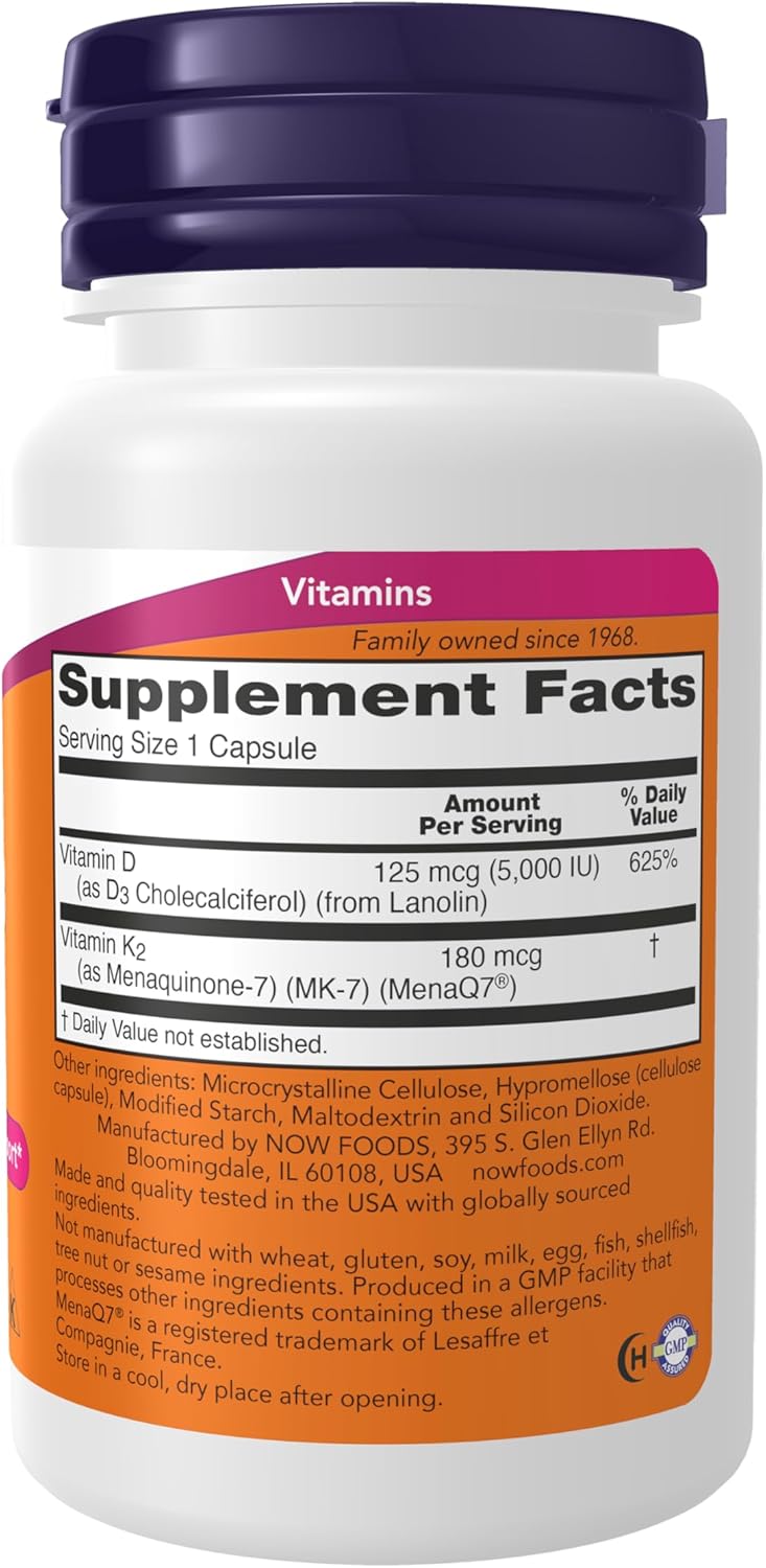 Mega D-3 & MK-7 con Vitaminas D-3 y K-2, 5.000 UI/180 mcg, 60 Cápsulas Veganas