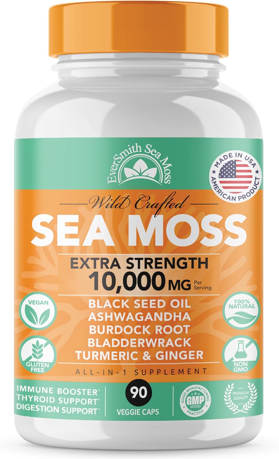 EverSmith Organics Irish Sea Moss 3,500mg, Black Seed Oil 2,000mg, Bladderwrack 1,000mg, Burdock Root - 90 Cápsulas