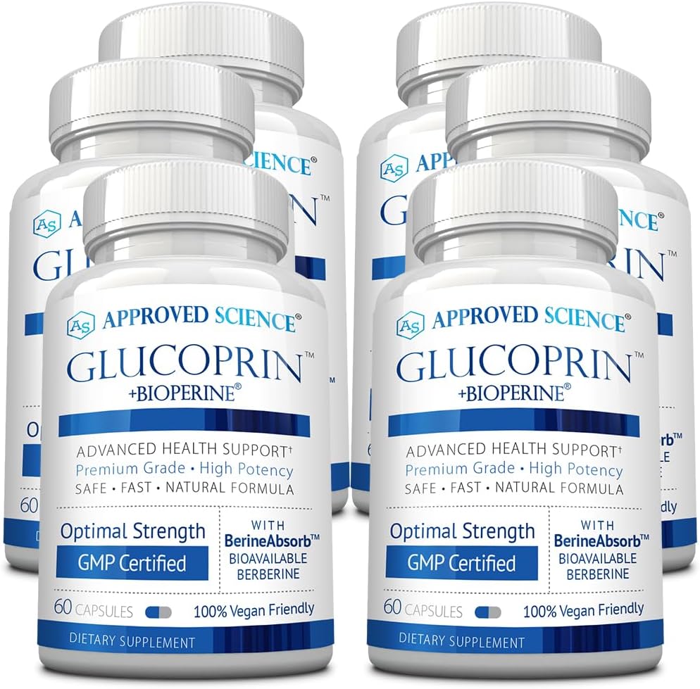 Approved Science Glucoprin - Berberina 250 mg, Morera, Canela, BioPerine - 60 Cápsulas Veganas (Pack de 6)