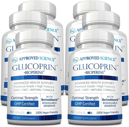 Approved Science Glucoprin - Berberina 250 mg, Morera, Canela, BioPerine - 60 Cápsulas Veganas (Pack de 6)