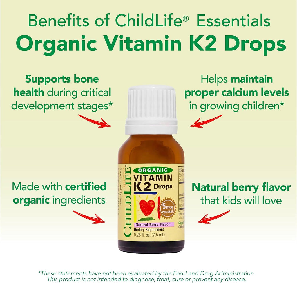 ChildLife Essentials Vitamina K2 Orgánica en Gotas - Complemento de Vitamina K para Bebés y Niños - Sabor Natural a Bayas - 0,25 oz (7,4 ml)