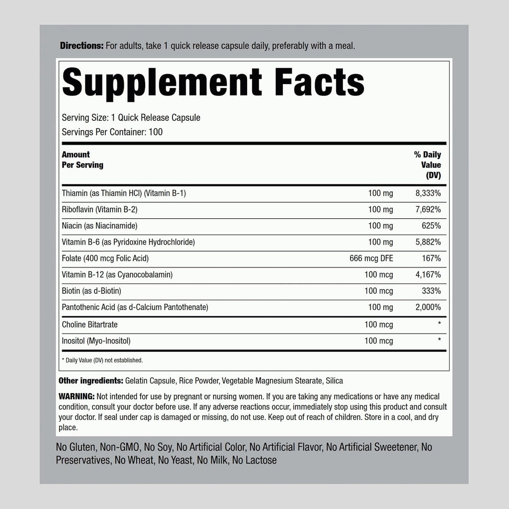 Piping Rock B-100 Complex | 100 Capsules | Vitamins B12, B1, B2, B6 | Non-GMO, Gluten-Free Supplement