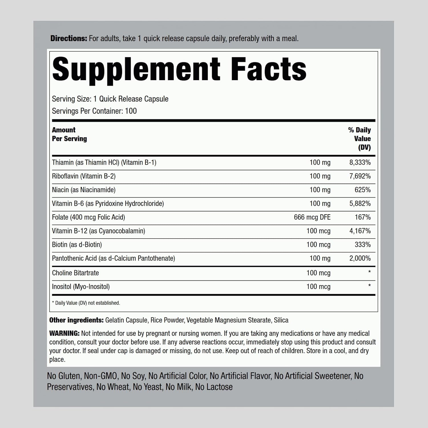Piping Rock B-100 Complex | 100 Capsules | Vitamins B12, B1, B2, B6 | Non-GMO, Gluten-Free Supplement