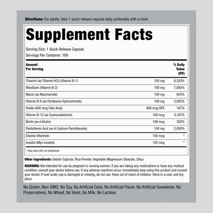 Piping Rock Complejo B-100 | 100 Cápsulas | Vitaminas B12, B1, B2, B6 | Suplemento No-GMO, Sin Gluten – Image 2