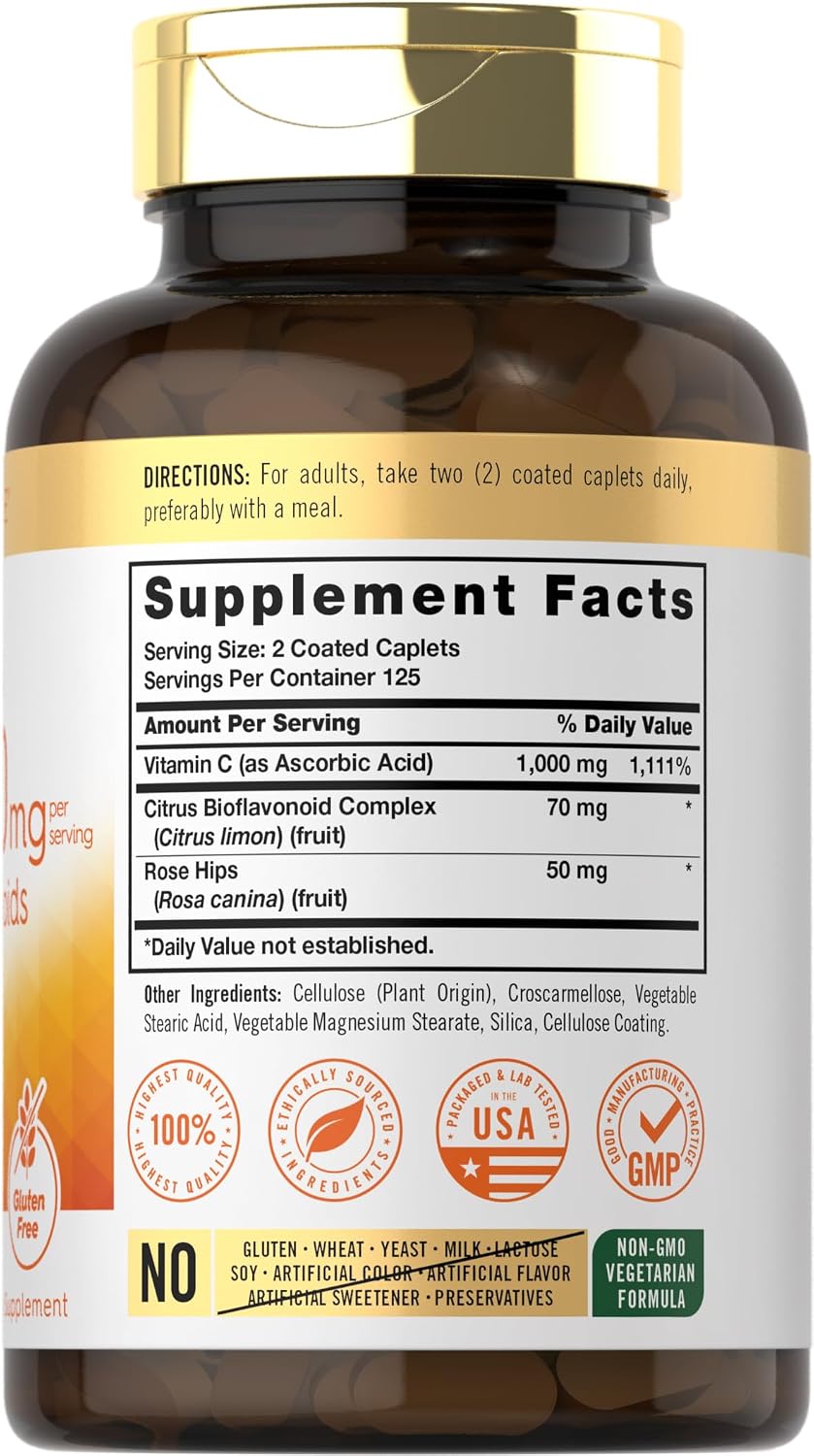 Carlyle Vitamina C 1000mg con Escaramujo y Bioflavonoides Cítricos | 250 Comprimidos Recubiertos | Vegetariano, No-GMO, Sin Gluten