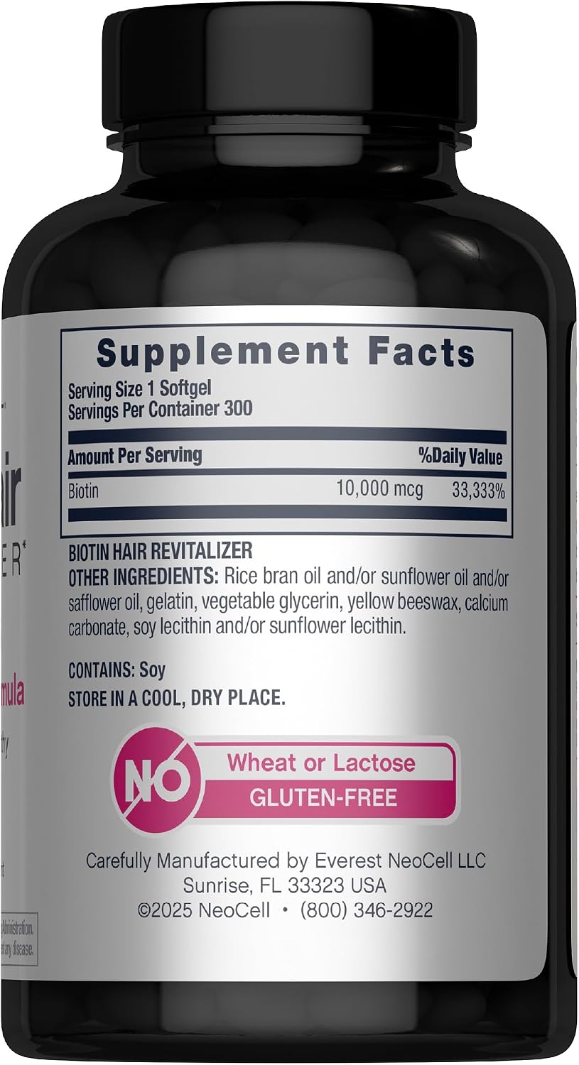 NeoCell Biotin Hair Revitalizer 10000 mcg | 300 Cápsulas blandas | Fórmula nutritiva diaria | Para mujeres y hombres | Complemento para cabello, piel y uñas