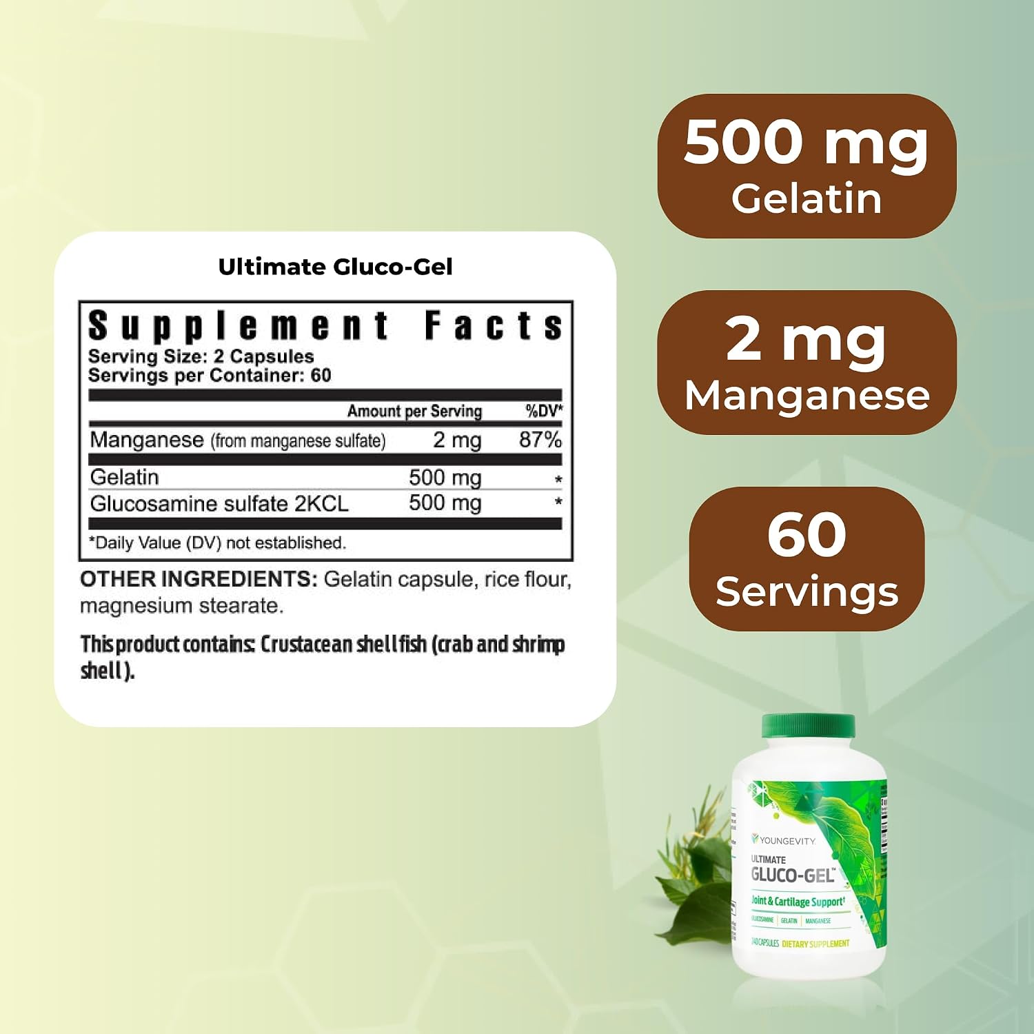 Youngevity Ultimate Gluco-Gel - para Tendones, Huesos y Cartílago | Glucosamina, Gelatina y Manganeso | 240 Cápsulas | 2 Envases